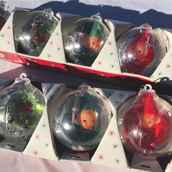 Vtg Jewel Brite Plastic Diorama Christmas Ornaments Pixie Elves 60s Lot 10 Decor - Picture 1 of 16